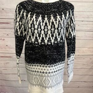 Merona Woman’s Knit Ski Sweater Nordic Fair Isle Black White Gray Size Large